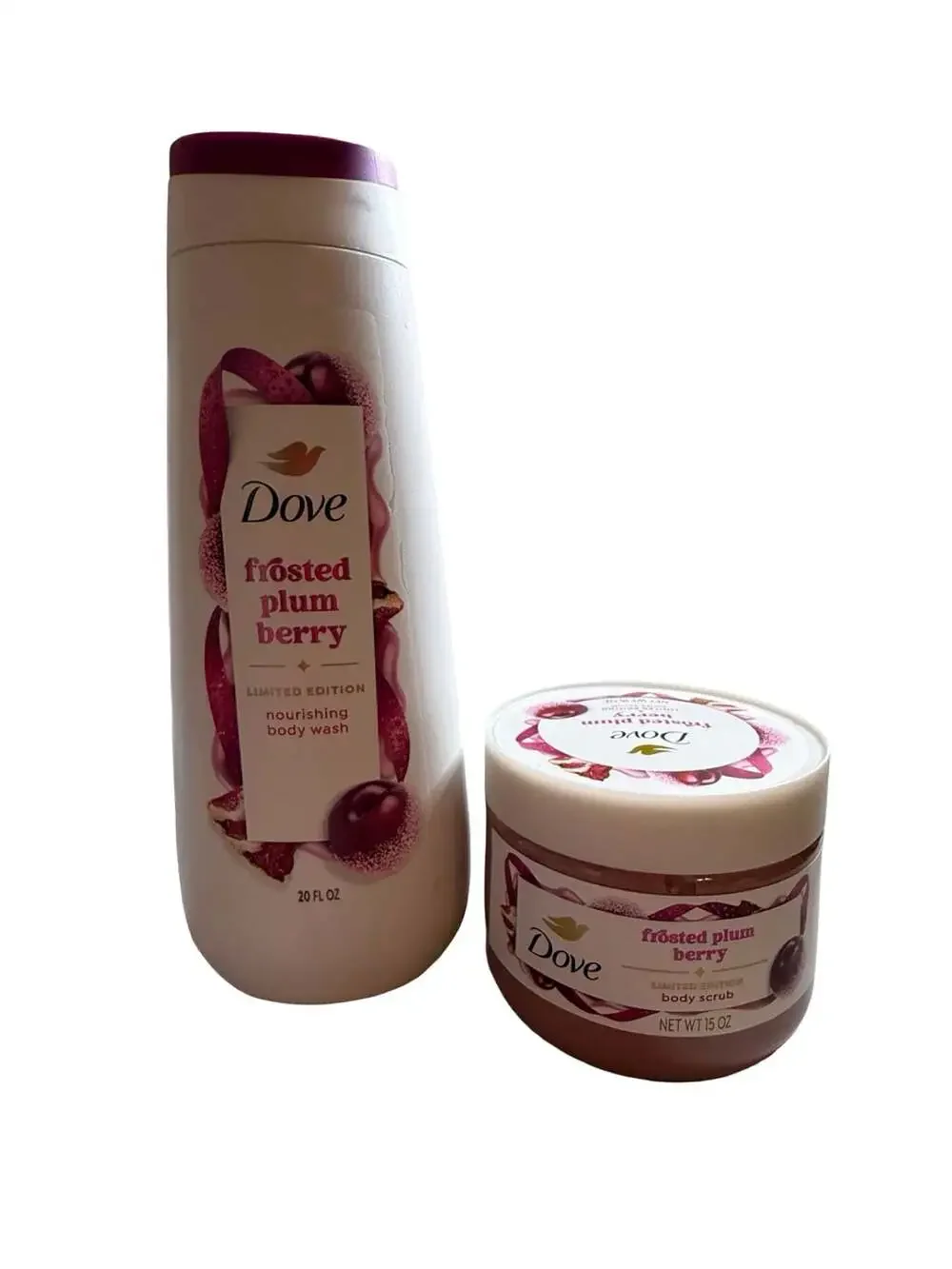 Dove Limited Edition Holiday Frosted Plum Berry Body Wash 20oz & Body Scrub 15oz